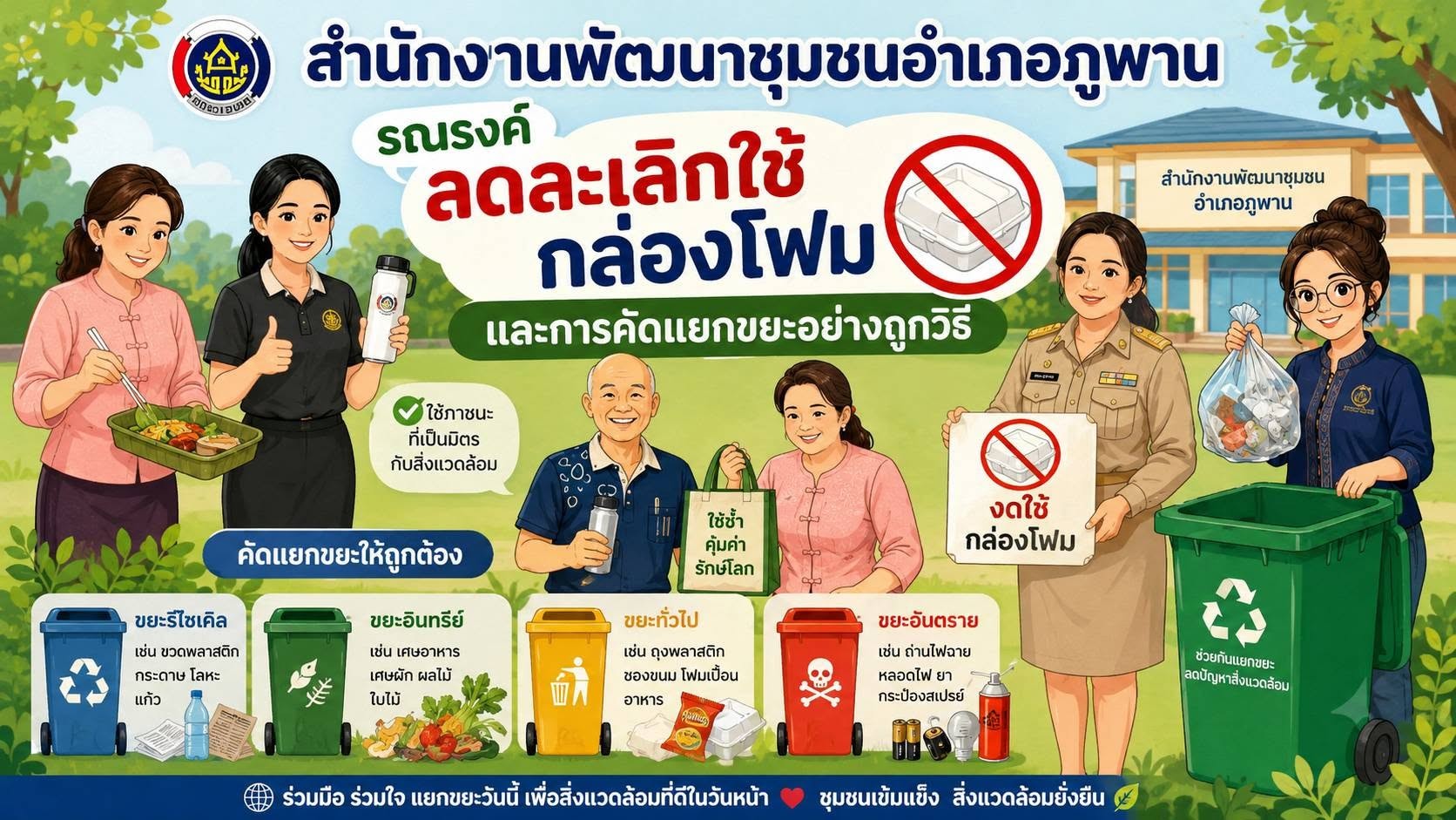พช.ภูพาน รณรงค์ " ลด ละ เลิก" กล่องโฟม และประชาสัมพันธ์เชิญชวนคัดแยกขยะอย่างถูกวิธี